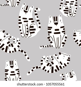 Seamless childish pattern with cute tigers in black and white style. Creative woodland kids texture for fabric, wrapping, textile, wallpaper, apparel. Vector illustration