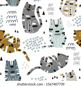 Seamless childish pattern with cute tigers. Creative kids texture for fabric, wrapping, textile, wallpaper, apparel. Vector illustration