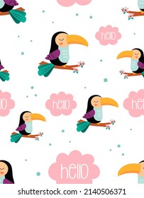 seamless childish pattern with cute toucan on branch, scandinavian style kids texture for fabric, wrapping, textile, wallpaper, apparel, vector flat funny illustration