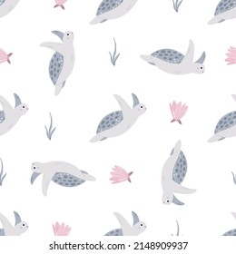 Seamless childish pattern with cute turtles and shells for nursery, baby shower, textile.