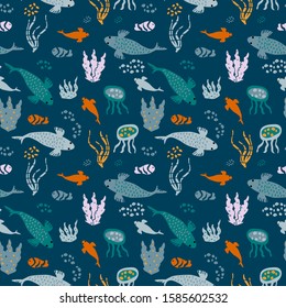 Seamless childish pattern with cute undersea inhabitants. Kids hand drawn texture for fabric, wrapping, wallpaper, textile and more