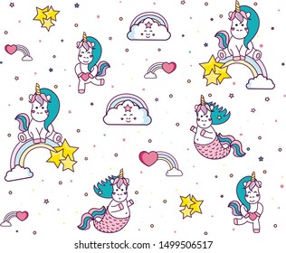 Seamless childish pattern with cute unicorns and rainbows, stars, clouds. Creative kids texture for fabric, wrapping, textile, wallpaper, apparel. Vector illustration