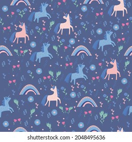 Seamless childish pattern with cute unicorns, rainbow  and flowers. Creative scandinavian kids texture for fabric, wrapping, textile, wallpaper, apparel. Vector illustration