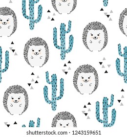 Seamless childish pattern with cute watercolor hedgehog and cactus.