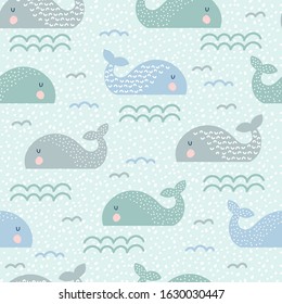 Seamless childish pattern with cute whales and hand drawn textures