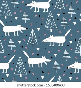 Seamless childish pattern with cute white wolves