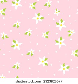 Seamless childish pattern with cute white flowers on a pink background. Vector illustration flat style. Creative kids texture for design, print, linen, fabric, wrapping, textile, wallpaper and apparel