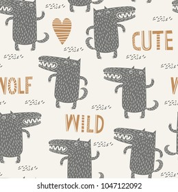 Seamless childish pattern with cute wolf. Kids texture for fabric, wrapping, textile, wallpaper, apparel.