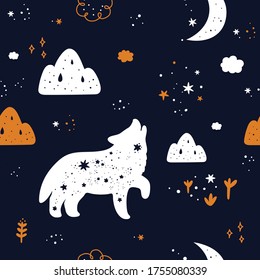 Seamless childish pattern with cute wolf animal silhouette, stars and moon. Background in dark colors. Creative kids texture for print, textile, wallpaper, apparel, fabric, wrapping paper, clothing