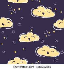 Seamless childish pattern with cute yawning yellow clouds and white stars on a purple background. Textile, background, wrapping paper. texture.