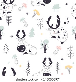 Seamless childish pattern with deers and moose. Forest Creative children's texture for fabric, packaging, textile, wallpaper, clothing. Woodland childish print in Scandinavian decorative style.