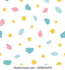 Seamless childish pattern with different clouds and star. Creative kids style texture for fabric,
wrapping, textile, wallpaper, apparel. Surface pattern design.
