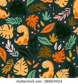 Seamless childish pattern with dinosaur and leaves on a dark background.  Perfect for kids fabric, textile, nursery wallpaper.