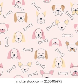 Seamless childish pattern with dog animal faces. Creative nursery background. Perfect for kids design, fabric, wrapping, wallpaper, textile, apparel