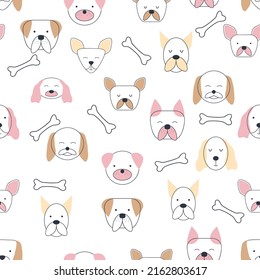 Seamless childish pattern with dog animal faces. Creative nursery background. Perfect for kids design, fabric, wrapping, wallpaper, textile, apparel