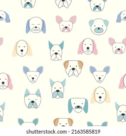 Seamless childish pattern with dog animal faces. Creative nursery background. Perfect for kids design, fabric, wrapping, wallpaper, textile, apparel