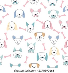Seamless childish pattern with dog animal faces. Creative nursery background. Perfect for kids design, fabric, wrapping, wallpaper, textile, apparel