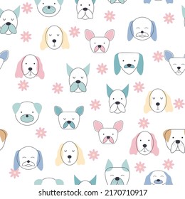 Seamless childish pattern with dog animal faces. Creative nursery background. Perfect for kids design, fabric, wrapping, wallpaper, textile, apparel