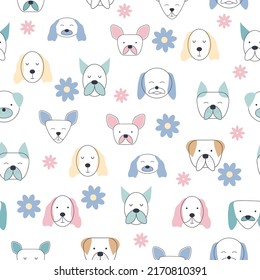 Seamless childish pattern with dog animal faces. Creative nursery background. Perfect for kids design, fabric, wrapping, wallpaper, textile, apparel