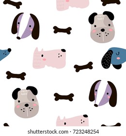 Seamless childish pattern with dog animal faces. Creative nursery background. Perfect for kids design, fabric, wrapping, wallpaper, textile, apparel