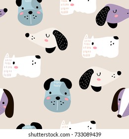 Seamless childish pattern with dog animal faces. Creative nursery background. Perfect for kids design, fabric, wrapping, wallpaper, textile, apparel