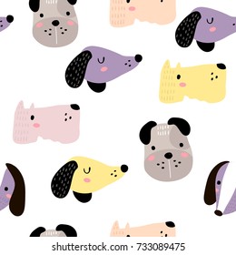 Seamless childish pattern with dog animal faces. Creative nursery background. Perfect for kids design, fabric, wrapping, wallpaper, textile, apparel