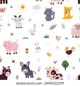 Patrón infantil sin fisuras con perro, cerdo, vaca, gato, casa de campo. Textura creativa de los niños para la tela, envoltura, textil, Fondo de pantalla, ropa. Ilustración vectorial