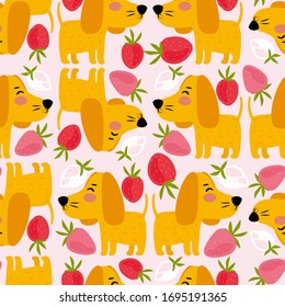 Patrón infantil impecable con perros y fresas. Textura creativa para niños escandinavos para tela, envoltura, textil, papel pintado, vestimenta. Ilustración dibujada por la mano del vector