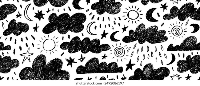 Seamless childish pattern with doodle crayon clouds, sun, stars and moon. Hand drawn graphic style wallpaper with doodle kid's drawing. Seamless vector pattern with cute childish elements.