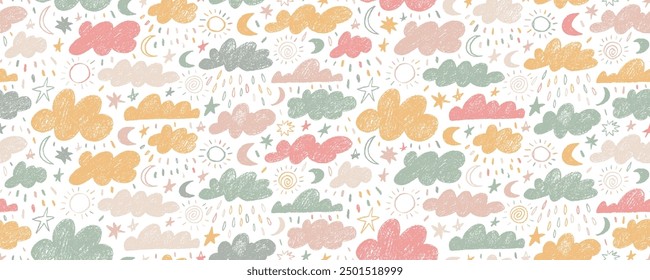 Nahtloses kindisches Muster mit Kreide-Kreide-Wolken, Sonne, Sternen und Mond. Pastellfarbener Hintergrund für Kinderstiftzeichnung. Niedliche Pastellwolken und Sonne im naiven Stil mit rauer Skizzenstruktur.