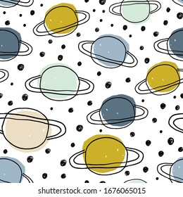 Seamless childish pattern with drawn planetd. Creative kids space texture for fabric, wrapping, textile, wallpaper, apparel. Vector illustration