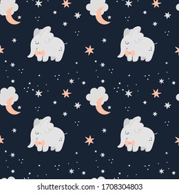 Seamless childish pattern with elephants, stars and moons. Children background with cute baby animals. Creative kids texture for print, textile, wallpaper, fabric, wrapping. Vector illustration