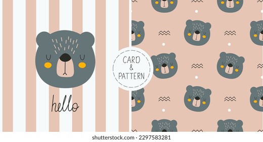 Seamless childish pattern with face bear. Animal seamless background. Scandinavian bear for t-shirt print, postcard, wallpaper and poster. Vector illustration