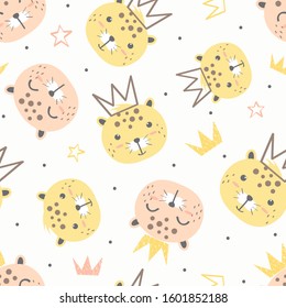 Seamless childish pattern with face of cute leopard. Creative nursery background. Perfect for kids design, fabric, wrapping, wallpaper, textile, apparel