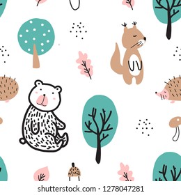 Seamless childish pattern with fairy bear and squirrel in forest. Creative kids texture for fabric, wrapping, textile, wallpaper, apparel. Vector illustration