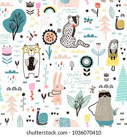 Seamless childish pattern and fairy flowers  bear bunny  leopard  hedgehog   Creative kids city texture for fabric  wrapping  textile  wallpaper  apparel  Vector illustration