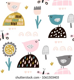 Seamless childish pattern with fairy flowers, birds, butterflies. Creative kids texture for fabric, wrapping, textile, wallpaper, apparel. Vector illustration