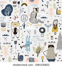 Seamless childish pattern with fairy flowers, bear,bunny, leopard, hedgehog.. Creative kids city texture for fabric, wrapping, textile, wallpaper, apparel. Vector illustration