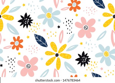 Seamless childish pattern with fairy flowers. Creative kids city texture for fabric, wrapping, textile, wallpaper, apparel. Seamless pattern with creative decorative flowers in scandinavian style.