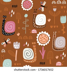 Seamless childish pattern with fairy flowers, snails, butterflies. Creative kids city texture for fabric, wrapping, textile, wallpaper, apparel. Vector illustration