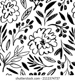 Seamless childish pattern with fairy flowers. Hand drawn black charcoal flowers with leaves. Ink drawing wild plants, herbs. Botanical ornament with branches. Dry brush style floral motives. 