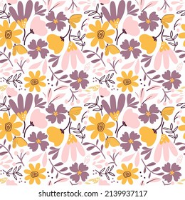 Seamless childish pattern with fairy flowers. Purple Pink and yellow pattern for fabric, wrapping, textile, wallpaper, apparel. Seamless pattern with creative decorative flowers in scandinavian style.