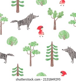 Seamless childish pattern. Fairy Red Riding Hood tale vector illustration. Little girl and wolf in the woodland. - Shutterstock ID 2131849295