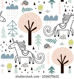 Seamless childish pattern with fairy unicorn, hedgehog in the wood. Creative kids city texture for fabric, wrapping, textile, wallpaper, apparel. Vector illustration