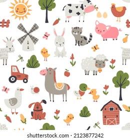 Seamless childish pattern with farm animals. Perfect for fabric, wrapping, textile, wallpaper, apparel. Vector illustration.