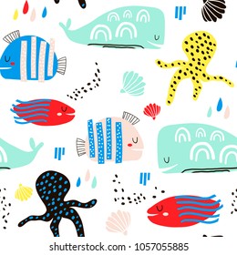 Seamless childish pattern with fish, octopust, whales and hand drawn shapes. Creative under sea kids texture for fabric, wrapping, textile, wallpaper, apparel. Vector illustration