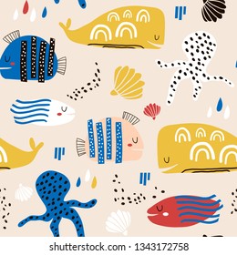 Seamless childish pattern with fish, octopust, whales and hand drawn shapes. Creative under sea kids texture for fabric, wrapping, textile, wallpaper, apparel. Vector illustration