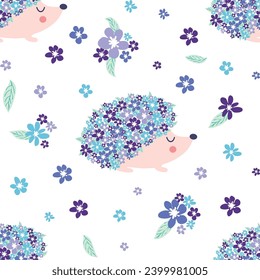 Seamless childish pattern with floral hedgehog with flowers and cute hedgehogs on a white background