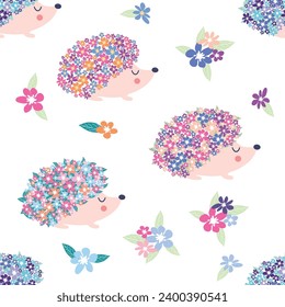 Seamless childish pattern with floral hedgehog with flowers and cute hedgehogs on a white background