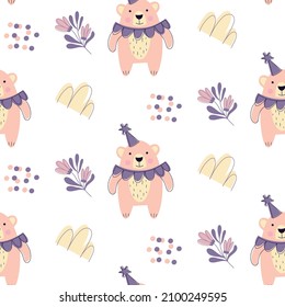 seamless childish pattern with flowers, bear, clouds. Great for baby textiles, wrapping paper, prints.